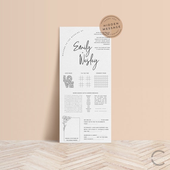 Wedding Decor Activity Menu Template, Editable Wedding Reception Games and Menu Template, Elegant Printable Wedding Table Games - CALM