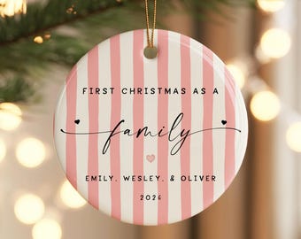 Personalized Family Christmas Ornament, First Christmas as a Family Striped Bauble, Custom New Family Keepsake, Gift for New Parents
