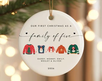 Personalized Family of 5 Christmas Ornament, First Christmas as a Family of Five Bauble, Custom New Family Keepsake, Gift for New Parents