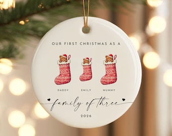 Personalized Family of 3 Christmas Ornament, First Christmas as a Family of Three Bauble, Custom New Family Keepsake, Gift for New Parents