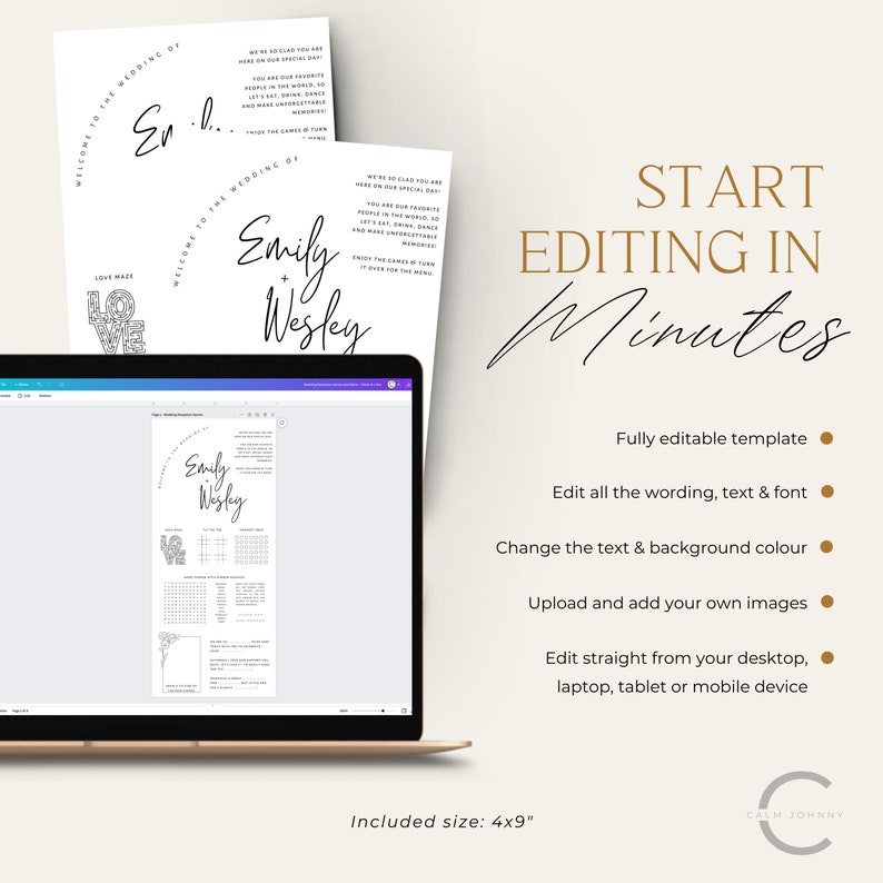 Wedding Decor Activity Menu Template, Editable Wedding Reception Games and Menu Template, Elegant Printable Wedding Table Games - CALM image 7