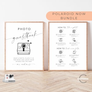 May include: Two printable signs for a wedding photo booth. The first sign says "PHOTO guestbook" with a black and white illustration of an instant camera. The second sign has instructions on how to take a photo and load a new film pack for a Polaroid Now camera.