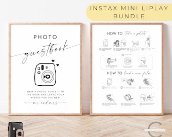 May include: Two printable signs for a wedding photo booth. The first sign says "PHOTO guestbook" with a black and white illustration of an instant camera. The second sign has instructions on how to take a photo and load new film for an Instax Mini LiPlay camera.