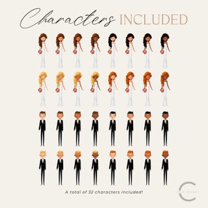 May include: A set of 32 digital illustrations of wedding characters. The illustrations include brides and grooms with different skin tones and hair colors. The text "Characters INCLUDED" is at the top of the image. The text "A total of 32 characters included!" is at the bottom of the image.