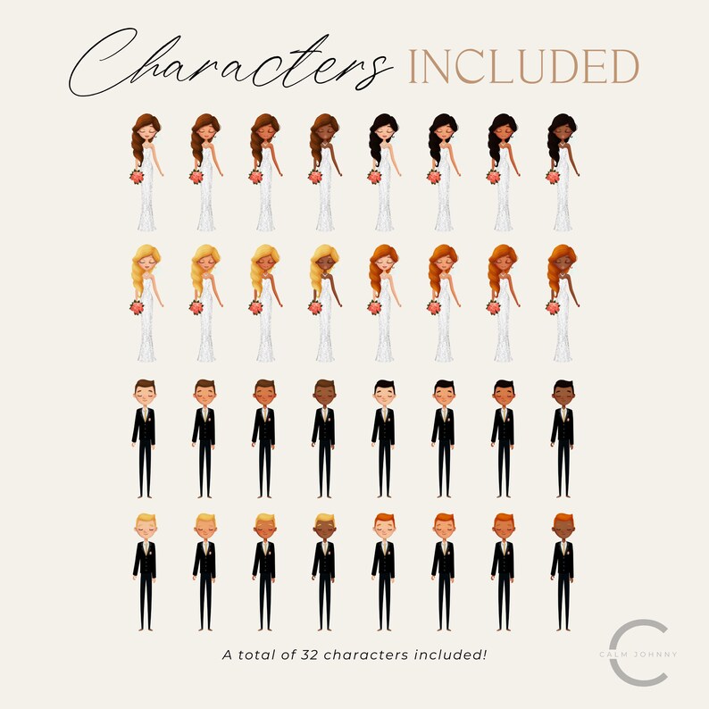 May include: A set of 32 digital illustrations of wedding characters. The illustrations include brides and grooms with different skin tones and hair colors. The text "Characters INCLUDED" is at the top of the image. The text "A total of 32 characters included!" is at the bottom of the image.