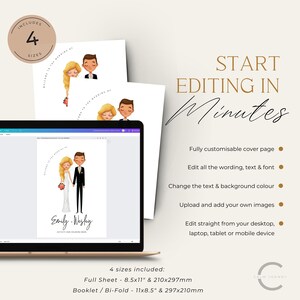 May include: A digital illustration of a wedding activity and coloring book cover with a cartoon couple in wedding attire. The cover is customizable and includes the text "Emily & Wesley". The text "Start Editing in Minutes" is displayed above a list of features, including the ability to edit the wording, text, and font, change the text and background color, upload and add your own images, and edit straight from your desktop, laptop, tablet, or mobile device. The text "4 sizes included: Full Sheet - 8.5x11" & 210x297mm Booklet / Bi-Fold - 11x8.5" & 297x210mm" is displayed at the bottom of the image.