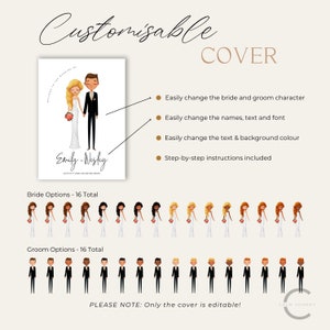 May include: A customizable wedding activity and coloring book cover featuring a cartoon bride and groom. The cover is easily editable with different bride and groom options, names, text, and colors. The text on the cover reads "Emily & Wesley".