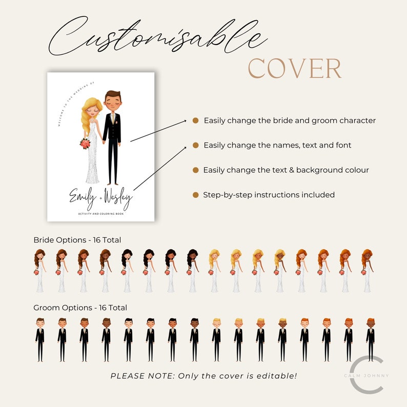 May include: A customizable wedding activity and coloring book cover featuring a cartoon bride and groom. The cover is easily editable with different bride and groom options, names, text, and colors. The text on the cover reads "Emily & Wesley".