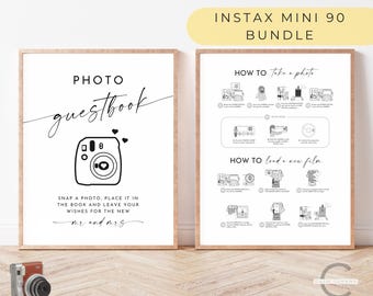 May include: Two printable signs for a wedding photo booth. The left sign says "Photo Guestbook" with an illustration of an Instax Mini 90 camera and the text "Snap a photo, place it in the book and leave your wishes for the new Mr. and Mrs.". The right sign has instructions on how to take a photo and load a new film pack for an Instax Mini 90 camera.