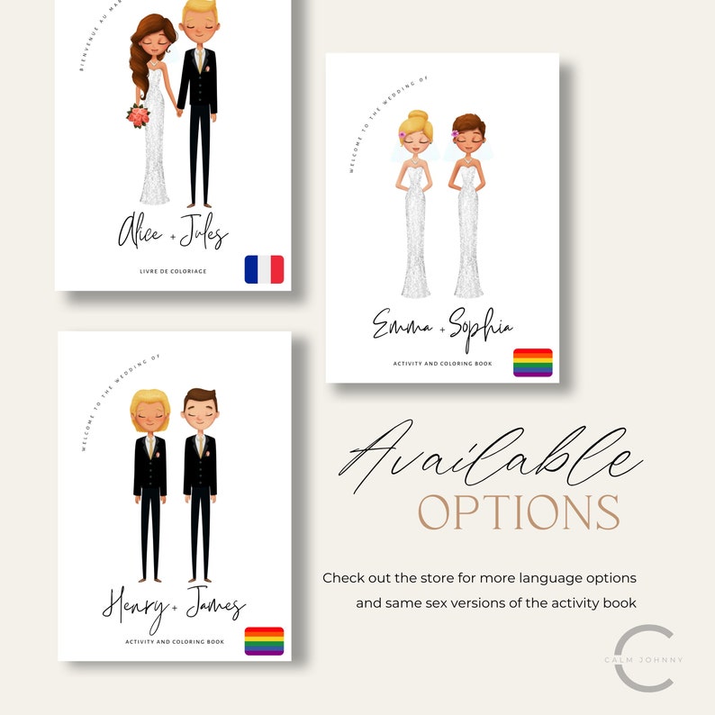 May include: Three different covers for activity and coloring books featuring illustrated couples. The first cover features a couple with the names "Alice & Jules" and the text "Livre de Coloriage". The second cover features a couple with the names "Emma & Sophia" and the text "Activity and Coloring Book". The third cover features a couple with the names "Henry & James" and the text "Activity and Coloring Book".