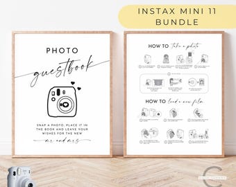 May include: Two printable signs for a wedding photo booth. The left sign says "PHOTO guestbook" with a black and white illustration of an Instax Mini 11 camera. The right sign says "INSTAX MINI 11 BUNDLE" and has instructions on how to take a photo and load new film.