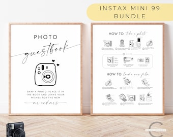 May include: Two printable signs for a wedding photo booth. The left sign says "PHOTO guestbook" and features a black and white illustration of an instant camera. The right sign has instructions for using an Instax Mini 99 camera. The text on the right sign says "HOW TO take a photo" and "HOW TO load a new film".