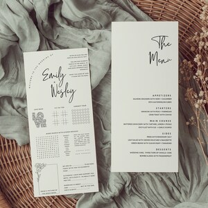 K&ouml;nnte beinhalten: Eine Hochzeitseinladung mit wei&szlig;em Hintergrund und schwarzem Text. Die Einladung enth&auml;lt eine lustige Aktivit&auml;tsseite mit einem Wortsuchspiel, Vier gewinnt und Tic-Tac-Toe. Die Speisekarte hat ein schwarz-wei&szlig;es Design mit dem Text "The Menu" oben. Die Speisekarte listet Vorspeisen, Hauptgerichte, Beilagen und Desserts auf.