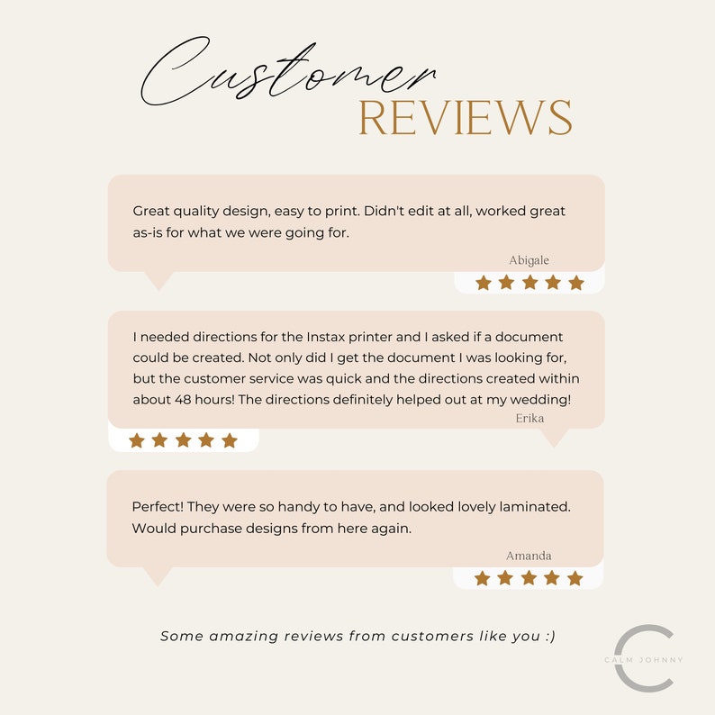 K&ouml;nnte beinhalten: Ein Screenshot einer Website mit Kundenbewertungen f&uuml;r druckbare Designs. Die Bewertungen sind positiv und heben die Qualit&auml;t der Designs, die einfache Druckbarkeit und den hilfreichen Kundenservice hervor. Die Website hei&szlig;t "Calm Johnny".