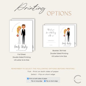 May include: A printable wedding activity and coloring book with a cartoon illustration of a bride and groom. The book is titled "Emily & Wesley" and includes the text "Full Sheet, Double Sided Printing, US Letter & A4 Size". The image also shows a booklet with the text "Booklet/Bi-Fold, Double Sided Printing, US Letter & A4 Size". The text "REMEMBER TO SELECT THE FOLLOWING OPTIONS BEFORE PRINTING: Tick - Print on both sides of paper Select - Flip on short edge" is also included. The image shows a checkbox for "Print on both sides of paper" and radio buttons for "Flip on long edge" and "Flip on short edge".