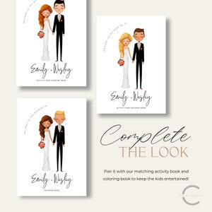 May include: A set of three printable colouring books featuring a cartoon bride and groom. The books are titled "Emily & Wesley" and include an activity and colouring book, and a colouring book.