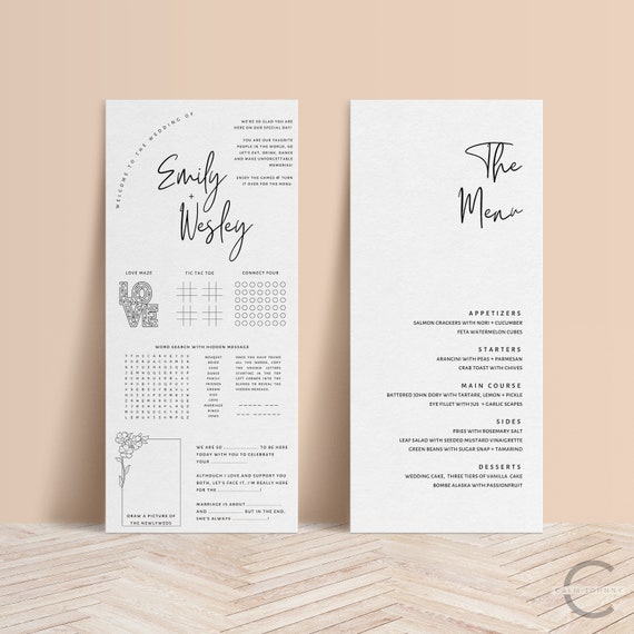 Wedding Reception Games and Menu Template, Editable Wedding Decor Activity Menu Card, Elegant Printable Wedding Table Games - CALM