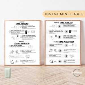 May include: Two framed instructional guides for the Instax Mini Link 3 printer, detailing photo-taking and film loading. A white Instax Mini Link 3 printer is in the foreground. The guides have text and illustrations.