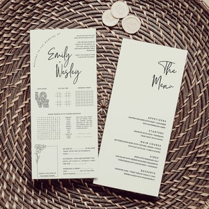 May include: A wedding menu with a handwritten font, featuring starters, main course, sides, and desserts. The menu includes dishes like salmon crackers with nori and cucumber, arancini with peas and parmesan, and battered John Dory with tartare, lemon, and pickle.