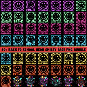 50+ Smiley Neon Checkered Back to School PNG Bundle, Smiley Png, Neon School Png, Preppy Back To School Png, Sublimation, Retro Teacher Png
