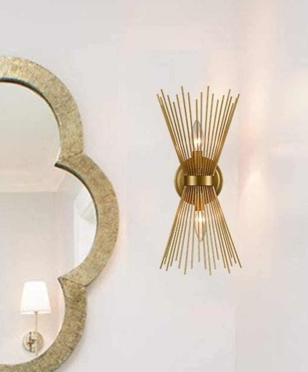 Brass 2light Vanity Light Midcentury Modern Starburst Wall Etsy