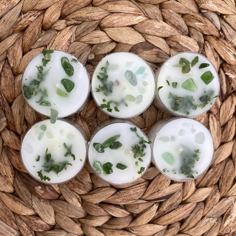 Witch's Tea Light Candles Dressed With Green Aventurine & Alfalfa
