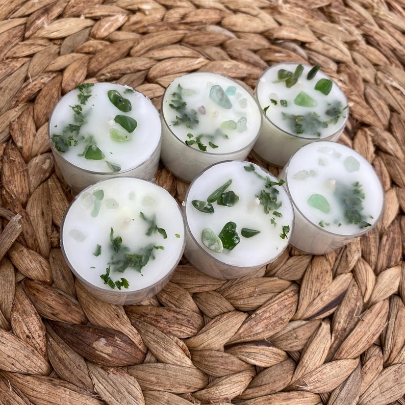 Witch's Tea Light Candles Dressed With Green Aventurine & Alfalfa