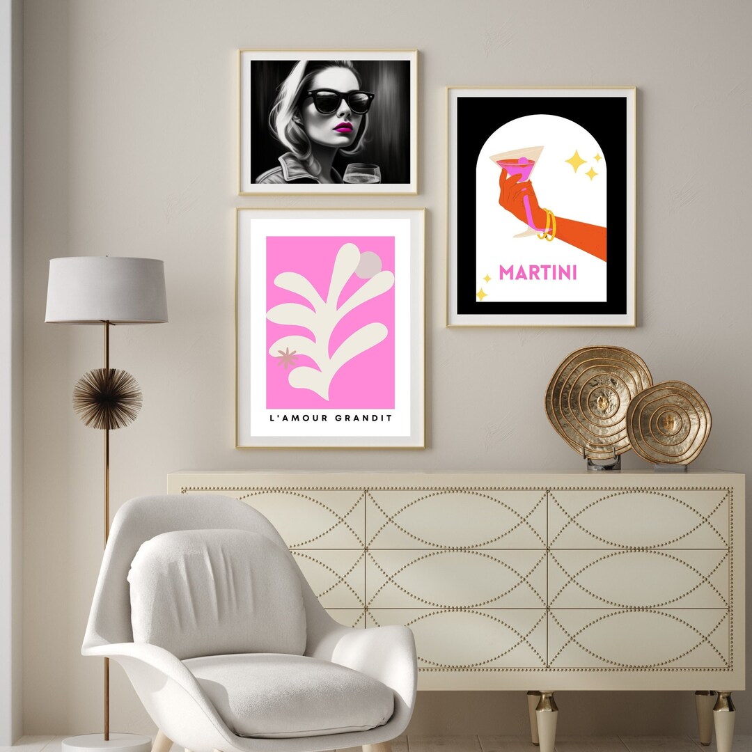 Set of Abstract Black Printable Downloads, Gallery Wall Set Bright Pink ...