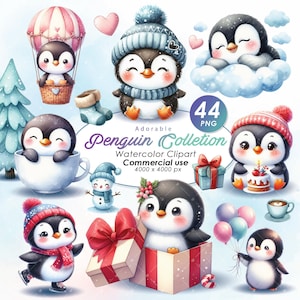 Adorable pingüino lindo clipart, ilustración de pingüino lindo en acuarela clipart, pingüino lindo PNG, uso comercial