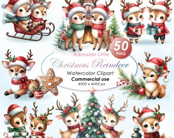 Adorable Reindeer Christmas Clipart, Watercolor Reindeer Christmas Illustration Clipart, Cute Christmas Reindeer PNG, Commercial Use