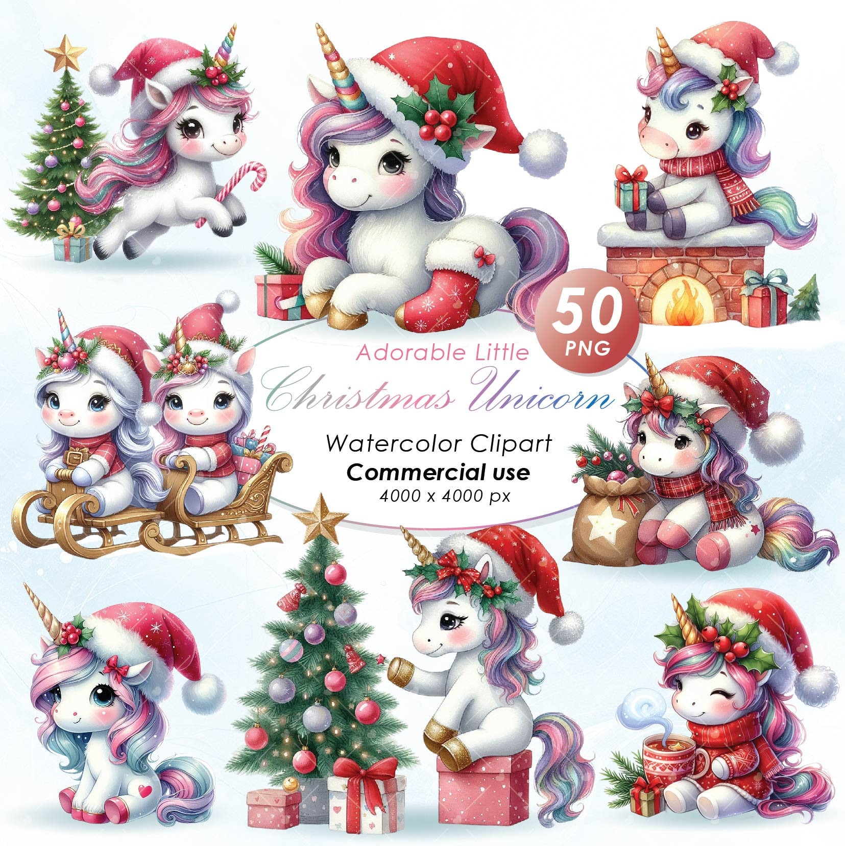 Adorable Unicorn Christmas Clipart, Watercolor Unicorn Christmas Illustration Clipart, Cute Christmas Unicorn PNG, Commercial Use