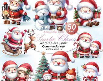 Adorable Santa Claus Christmas Clipart, Watercolor Santa Claus Christmas Illustration Clipart,Cute Christmas Santa Claus PNG, Commercial Use