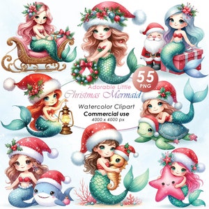 Adorable sirène Noël Clipart, clipart aquarelle sirène Noël Illustration, mignon Noël sirène PNG, usage Commercial