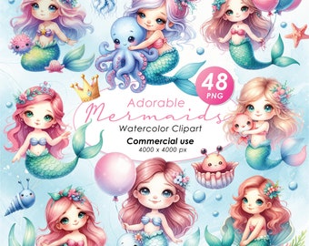 May include: A set of 48 digital watercolour clipart images of adorable mermaids with pink hair, blue tails, and various accessories. The mermaids are holding a variety of items, including a jellyfish, an octopus, a seashell, a balloon, and a starfish. The images are perfect for use in scrapbooking, card making, and other creative projects.