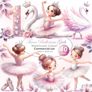 Adorabile Tiara Ballerina Girls Clipart, Acquerello Ballerina Girls Illustrazione Clipart, Carino Ballerina Girls clipart, PNG, Uso commerciale