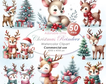 Adorable Reindeer Christmas Clipart, Watercolor Reindeer Christmas Illustration Clipart, Cute Christmas Reindeer PNG, Commercial Use