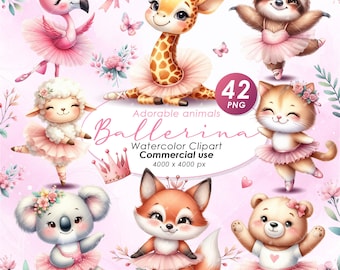 Cute Little Ballerina Animals Clipart, Watercolor Ballerina Illustration Clipart, Cute ballet clipart, Ballerina PNG, Commercial Use