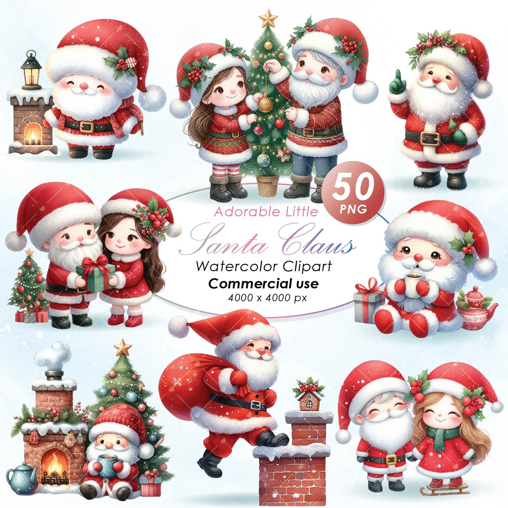 Adorable Santa Claus Christmas Clipart, Watercolor Santa Claus Christmas Illustration Clipart,Cute Christmas Santa Claus PNG, Commercial Use