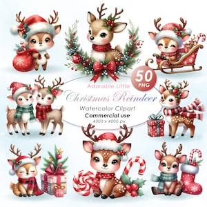 Adorable Reindeer Christmas Clipart, Watercolor Reindeer Christmas Illustration Clipart, Cute Christmas Reindeer PNG, Commercial Use