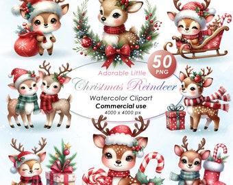 Adorable Reindeer Christmas Clipart, Watercolor Reindeer Christmas Illustration Clipart, Cute Christmas Reindeer PNG, Commercial Use