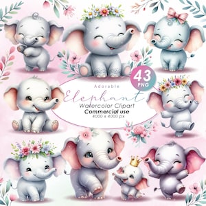 Adorable elefante clipart, ilustración de elefante lindo en acuarela clipart, lindo elefante PNG, uso comercial