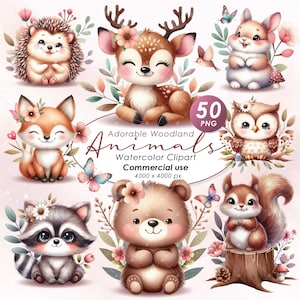 Adorabili piccoli animali del bosco Clipart, acquerello animali del bosco illustrazione clipart, clipart animali del bosco carini, uso commerciale