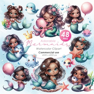 Adorable Little Mermaid Clipart, Watercolor Mermaid Illustration Clipart, Cute Mermaid clipart, Mermaid PNG, Commercial Use