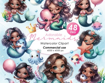 Adorabile clipart sirenetta, clipart illustrazione sirena acquerello, clipart sirena carina, sirena PNG, uso commerciale