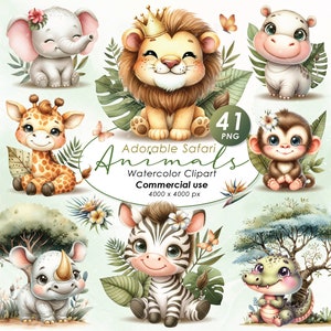 Adorables pequeños animales de Safari Clipart, acuarela Safari animales ilustración clipart, lindos animales de Safari clipart, PNG, uso comercial