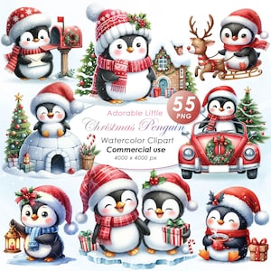 Entzückender Pinguin Weihnachten Clipart, Aquarell Pinguin Weihnachten Illustration Clipart, Süßer Weihnachtspinguin PNG, kommerzielle Nutzung