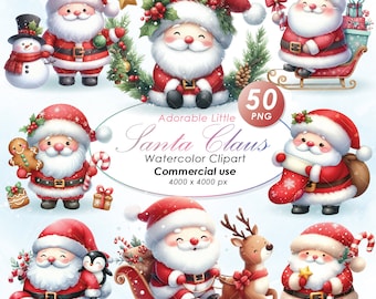 Adorable Santa Claus Christmas Clipart, Watercolor Santa Claus Christmas Illustration Clipart,Cute Christmas Santa Claus PNG, Commercial Use