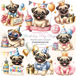 Adorável aniversário Pug cães Clipart, aquarela aniversário Pug cães ilustração Clipart, fofo aniversário Pug cães PNG, uso comercial