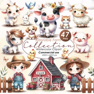 Entzückende kleine Tiere auf dem Bauernhof Clipart, Aquarell Bauernhof Tiere Illustration Clipart, niedliche Bauernhof Tiere Clipart, Bauernhof PNG, kommerzielle Nutzung