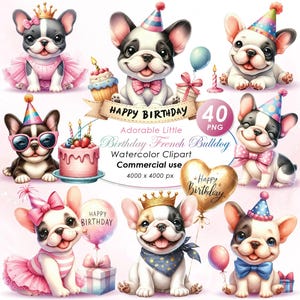 Entzückende Geburtstag Französische Bulldoggen Clipart, Aquarell Geburtstag Französische Bulldoggen Illustration Clipart, Niedliche Geburtstag Hunde PNG, Kommerzielle Nutzung